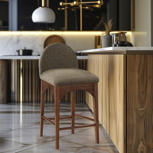 Butaco Art Deco Meridian Furniture Waldorf con tapizado en tela bouclé verde oliva, madera de fresno sólida y acabado marrón nogal, altura para barra, 18" x 20" x 37" miniatura 2