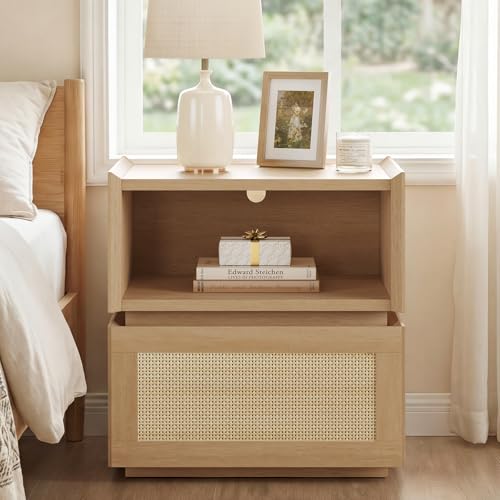Sikaic Rattan Nightstand with Wicker Decorated Drawer Natural Rattan Night Stand with Open Compartment Modular Stackable Side Table Boho Bedside Table End Side Table for Bedroom