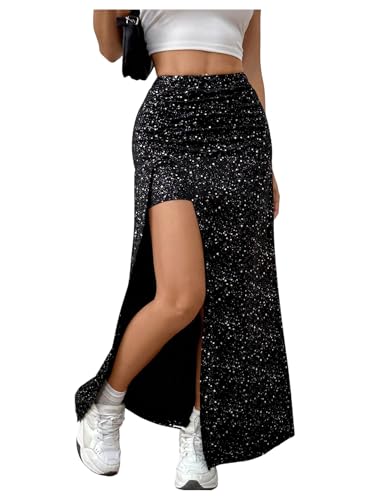 OYOANGLE Women's Split Thigh Sparkly Maxi Skirt High Waisted Party Nightclub Asymmetrical Pencil Skirts
