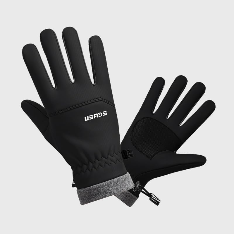 Winter Thermal Cycling Gloves, Windproof Faux Leather with Adjustable Drawstring & Touchscreen Fingers, Non-Slip Grip for Cold Weather Biking, Black and Grey - Image 8