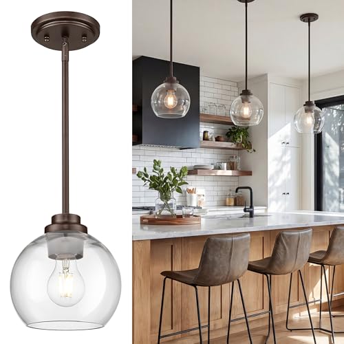 Image of Pendant Lights Kitchen Island, 7 inch Oil Rubbed Bronze Hanging Lights Fixtures with Clear Glass Globe Shade, Modern Kitchen Island Lighting for Bathroom, AD-22280-1P-ORB
