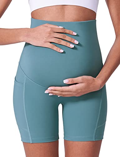 Poshdivah Maternity Shorts For Women Over Belly Biker Workout Yoga Active Summer Pregnancy Running Short Leggings Light Blue 5" Large #TOP2