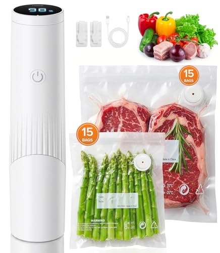 1800mAh Compact Vacuum Sealer for Food (Vacuum Sealer Machine + 30 Reusable Bags), 80kPa Powerful Handheld Food Sealer With LCD-Display, Visible Water Tank Portable Seal Meal Saver (White)