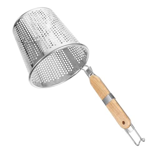 OUNONA Stainless Steel Dumpling Strainer with Wooden Handle Fine Mesh Spider Food Skimmer for Easy Serving and Cooking Kitchen Sieve for Pasta Noodles and Dumplings