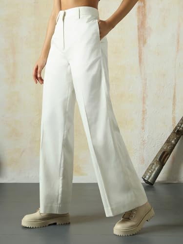 Image of High Star Women High Rise Solid Regular Length Wide Leg Casual Trousers
