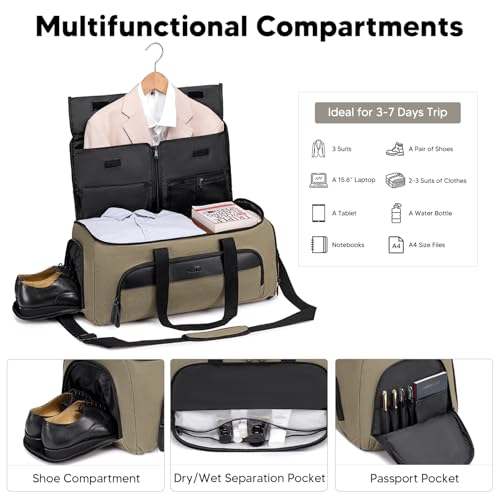 Convertible Garment Bag for Travel, Carry on Garment Duffle Bags for Travel, Canvas Garment Duffle Bag for Men Women with Shoe Compartment - 2 in 1 Hanging Suitcase Suit Travel Bags-Army Green4