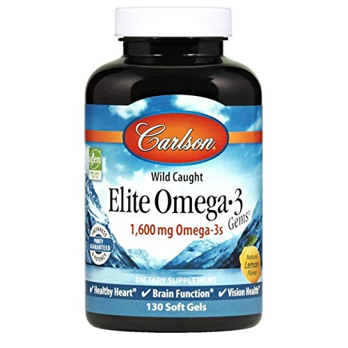 Carlson - Elite Omega-3 Gems, 1600 mg Omega-3 Fatty Acids Including EPA and DHA, Norwegian, Wild-Caught Fish Oil Supplement, Sustainably Sourced Omega 3 Fish Oil Capsules, Lemon, 130 Softgels