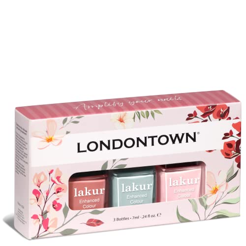 Londontown A Brit Of Blooms Mini Manicure Nail Color Set - Lakur Enhanced Nail Polish Vegan Cruelty-Free Gluten-Free - Rose-Tinted Glasses, Out Of Office Pastel Pink, Mint No Chip Light Green, 7Ml #TOP4