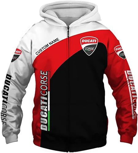 Unisex Hoodies Full Zip Felpe 3D per Ducati Stampa Cappuccio
