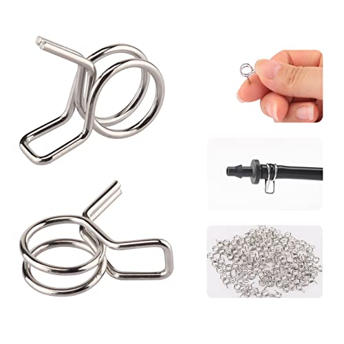 ERLSTE 1/4" Irrigation Hose Clamps, 100 Double Line Hose Pipe Spring Clamps, Drip Irrigation Kit Connector Leak Solution