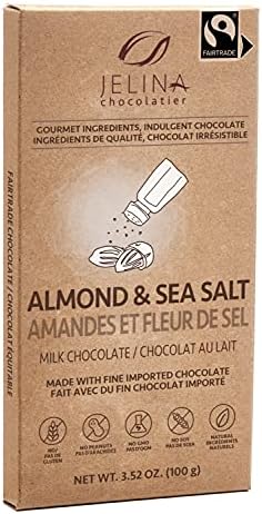 Jelina Chocolatier | 8 Pack Milk Chocolate Bar Almond & Sea Salt | Fair Trade Chocolate | Imported, Non-GMO, Natural Chocolates - 3.52oz Each