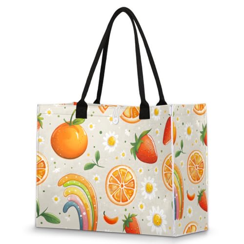 Orange Strawberry Chrysanthemum Tote Bag for Women Large Beach Bag Reusable Tote Bags for Work Travel Beach Shopping