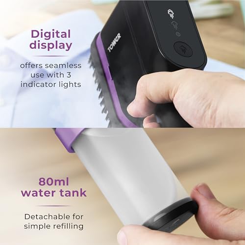 Tower T22038LIL Ceraglide Handheld Garment Steamer with Ceramic Soleplate, Brush Attachment, Vertical Steaming, 1400W, Black & Lilac - Image 5
