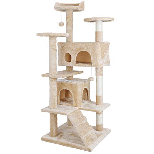 53 Inches Multi-Level Cat Tree Stand House Furniture Kittens Activity Tower with Scratching Posts Kitty Pet Play House (Beige)