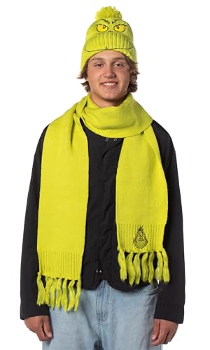 Dr. Seuss The Grinch Conjunto de cachecol de malha adulto bordado e gorro com pompom, Rosto bordado,