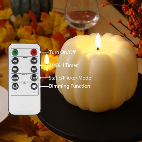 Image of Fall Flameless Candles with Remote, Real Wax Pumpkin Shaped Candle | Flickering Ivory Battery Operated Candles, Remote Included, For Autumn, Harvest, Thanksgiving, Halloween, Home, Party Decor