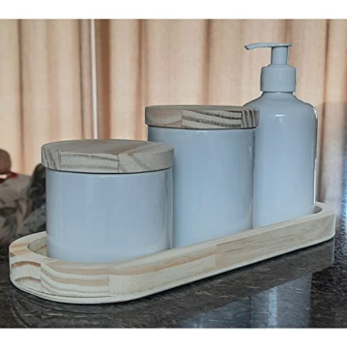 Kit higiene bebê 4 peças - Bandeja, potes e porta álcool - Peças porcelana bandeja e tampas pinus
