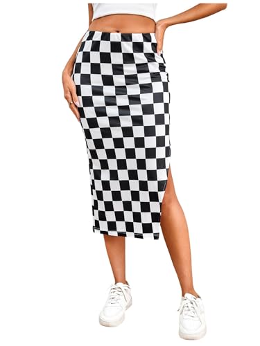 SOLY HUX Women's Plaid Checkered Skirts High Waisted Split Bodycon Casual Going Out Midi Skirt