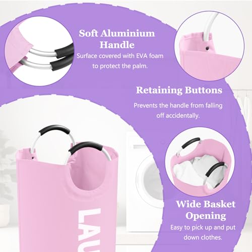 Image of 2Pcs Foldable Pink Laundry Basket for Family, 95L Portable Laundry Baskets with Aluminum Handles, Multi-functional Dirty Clothes Hampers for Dorm, Travel, Pink