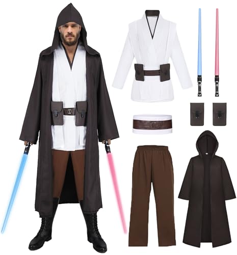 Adult Jedi Costume Men Cosplay Anakin Skywalker Obi Wan Kenobi Halloween Costumes Tunic Hooded Robe Knight Cosplay Outfit with Lightsaber Waist Bag RK016XL