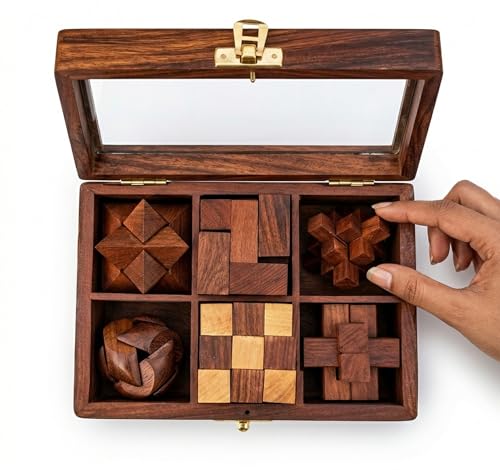 Image of 6-in-1 Wooden 3D Puzzle Game Set for Adults & Teens Brain Teaser IQ Puzzle Collection Educational Learning Toy Logic Strategy & Family Board Games Gift