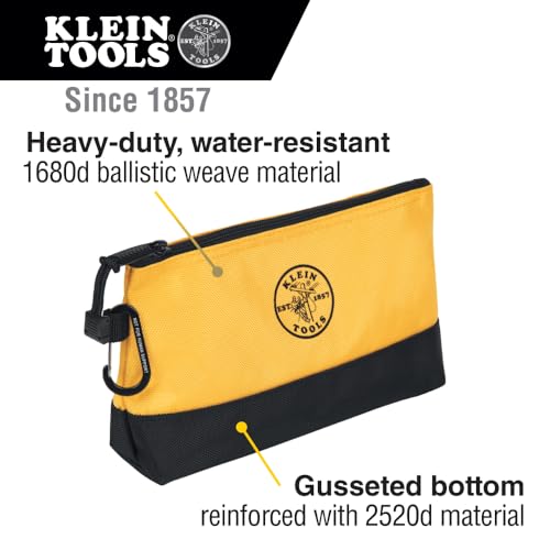 Klein Tools 55569 Stand-Up Zipper Bag Tool Pouch with Carabiners, Reinforced Gusseted Bottoms, Water Resistant 1680d, Multi-Size 5-Pack