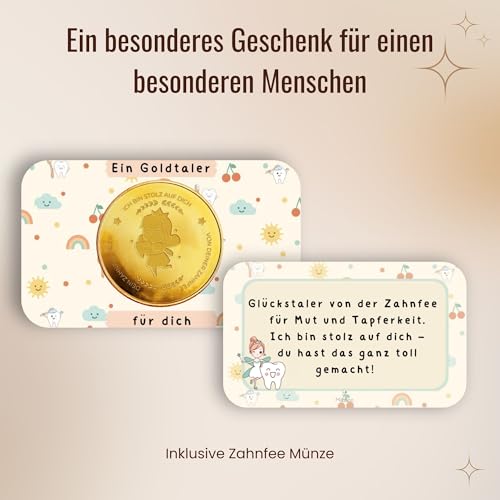 MilaBoo® Zahnfee Geschenk Kinder I Goldene Glücksmünze mit Urkunde & Zahnzertifikat I Geschenkset für Mädchen & Jungen zur Zahnübergabe (Zahnfee Glücksmünze)