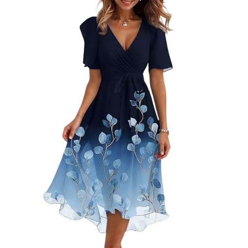 Image of Floral Printed Wrap Dress Women Summer Casual Ladies Dresses Elegant V Neck Short Sleeve Midi Dress Lightweight Holiday Soft Clothing Fashion Wedding Guest Dresses Navy