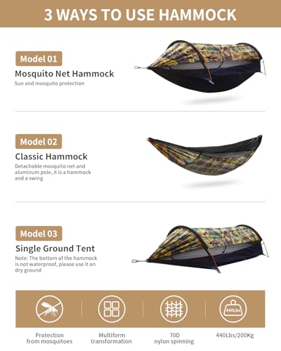 Image of Camping Hammock Tent with Mosquito Net and Sunshade, Extra Large for 2 Person, Lightweight Hanging Hammocks Tree Straps, Bivvy Ground Tent for Outside, Hiking, and Travel