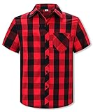 Cromoncent Mens Plaid Shirt Short Sleeve Summer Button Down Shirts Buffalo Plaid Red, Small