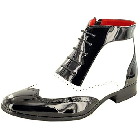 Mens Black / White Leather Lined Patent Shiny Vintage Spats Gatsby Lace Up Brogue Boots( Size 9, Black / White) Cover