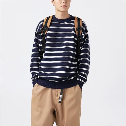 Pull rayé pour hommes Harajuku bleu streetwear manches longues XL