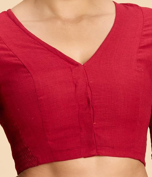 Image of Studio Shringaar Women's Thick Handloom Cotton Plain Side Stretch (Smocked) Readymade Saree Blouse