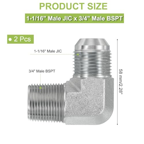 Image of PATIKIL 90 Degree Pipe Adapter, 2 Pcs 1-1 /16 inch Male 37 Flare JIC x 3 /4 inch BSPT Male Connector Carbon Steel Elbow Fitting for Air Hydraulic Fluid Fuel Water Oil, Silver