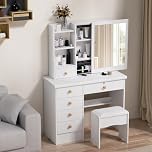 Fumweeb Makeup Vanity Desk with Sliding Mirror, Vanity Set with 6 Drawers & Hidden Storage, Dressing Table Vanitys Organizer for Bedroom,Small Dressing Table with Open Shelves (white)