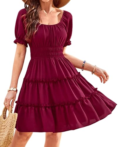 Beluring Tunika Kleid Damen Puffärmel Kurzarm Sommerkleid Vintage Minikleid mit Taschen (Weinrot M)