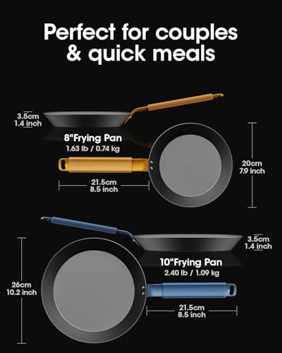 Image of Carbon Steel Frying Pan Set 8 & 10 Inch, Nitrided Carbon Steel Skillet Duo, Preseasoned Rust Resistant Cookware, Induction & Oven Safe Kitchen Cooking Pans