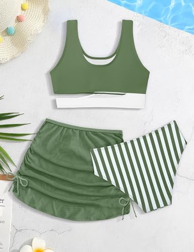 Image of BAVADER Teen Swimsuits for Girls 12-14 Teen Bathing Suits for Girls 12-14 Stripe High Waisted Bathing Suit Color Block Sporty Bikini Swimsuits Swim Cover Up Skirt 3 Piece Set Green