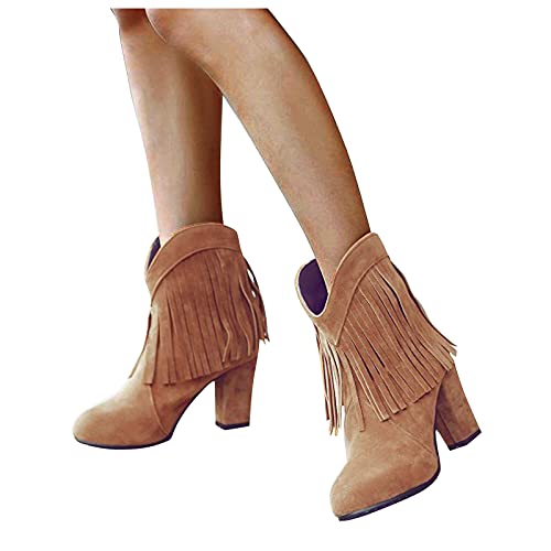 AODONG Cowboy Boots for Women, Women High Heel Platform Boots Retro Ankle Boots Fringe Breathable Zip Up Boots Brown