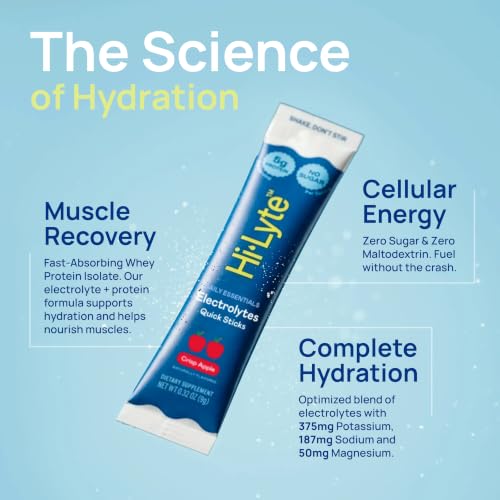 Image of Hi-Lyte Electrolytes + Protein Quick Sticks Crisp Apple, 16 Servings - Sodium, Potassium, Whey Protein - Keto Friendly - 5g Protein, No Sugar