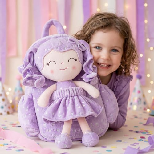 Image of Gloveleya Toddler Backpacks Baby Girl Gifts Curly Hair Plush Figures Dress Backpack - Silver Heart Accents in Soft Purple 11''