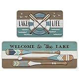 Tailus Lake Life Spring Summer Boat Paddle Kitchen Rugs Set of 2, Welcome to The Lake Lakehouse Stripes Kitchen Mats Decor, Farmhouse Rustic Floor Door Mat Home Decorations -17x29 and 17x47 Inch