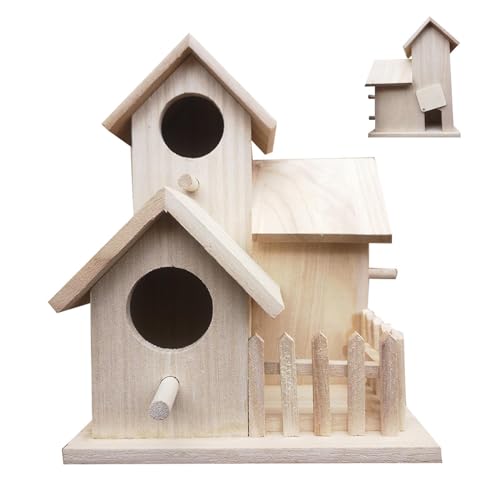 Casita para pájaros de exterior – Caseta para pájaros de madera con 3 agujeros | para pájaros, granja, cabaña para pájaros, pintura artesanal, decoración natural para casa de pájaros | Bird HOU