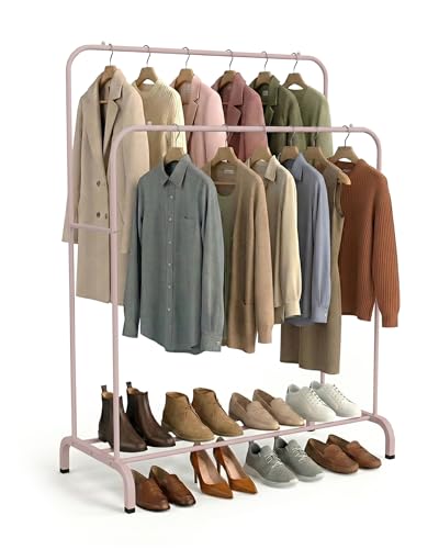 unycos - Burro de Ropa, Perchero con Doble Barra | 110x54x(130 y 148) cm | Colgador de Hierro Robusto con Soporte para Zapatos, Organizador de Dormitorio, Vestidor Abierto, Montaje Fácil (Rosa Palo)