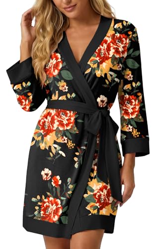 Image of PrinStory Womens Robe Knit Kimono Bathrobe Lightweight Soft Sleepwear Knee Length Lounge Robes