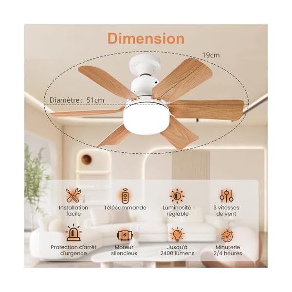 Ventilateur Plafond avec Lumiere,télécommande,51CM,Lustre Chambre,Grain de Bois,3 Vitesses,Réglage continu Luminosité et Température de Couleur,pour les Chambres, les Balcons, les Couloirs et les Salo