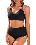 Charmo Two Piece Swimsuit for Women Scalloped Bikini Set Bathing Suit Ribbed Modest High Waisted Swimwear Black S