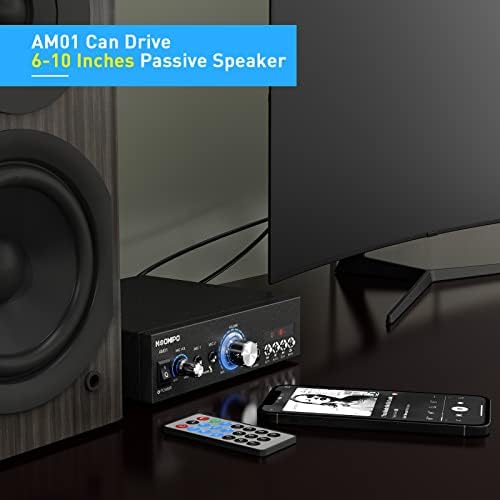 NEOHIPO Bluetooth Audio Amplifier, 2.0 Channel Hi-Fi Karaoke Amp 300W Peak Power Stereo Receiver for Home Passive Speakers, with RCA, BT, FM, USB, TF Card, 2 Micphones input and Remote Control AM01