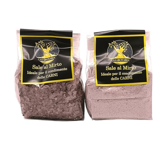 Casa Bonaria Sal al Mirto grueso y fino 2x200 g, Sal Aromatizada, Producido en Italia, Aroma Natural, Ideal para Carne, Maridajes Gourmet
