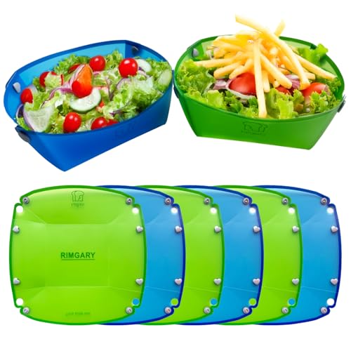 RIMGARY Collapsible Camping Bowl 6pc Plastic Bowl Sets (3 blue and 3 green) for Outdoor Snap Fold Plastic Plate Portable Cutting Board Cut Fruit Family Picnic Party Travel Easy to Carry Save Space